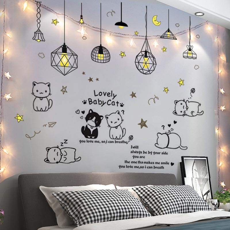 [HCM]DECAL DÁN TƯỜNG CHÙM ĐÈN SAO VÀNG VÀ ĐÀN MÈO