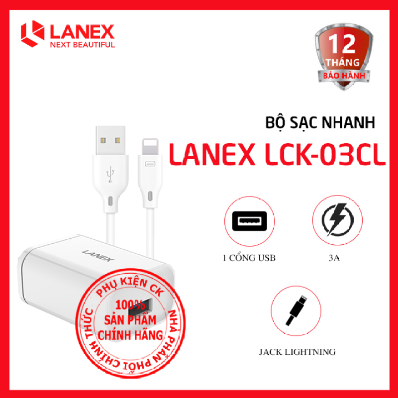 [QC 3.0] Bộ sạc nhanh Lightning 1 cổng USB 3.0A Lanex LCK-03CL dài 1m - Dành cho điện thoại Android