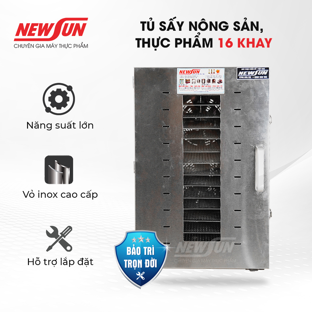 Máy Sấy Hoa Quả, Thực Phẩm, Nông Sản NEWSUN 16 Khay - Hàng Chính Hãng- Sấy Nhanh, Tiết Kiệm Thời Gian