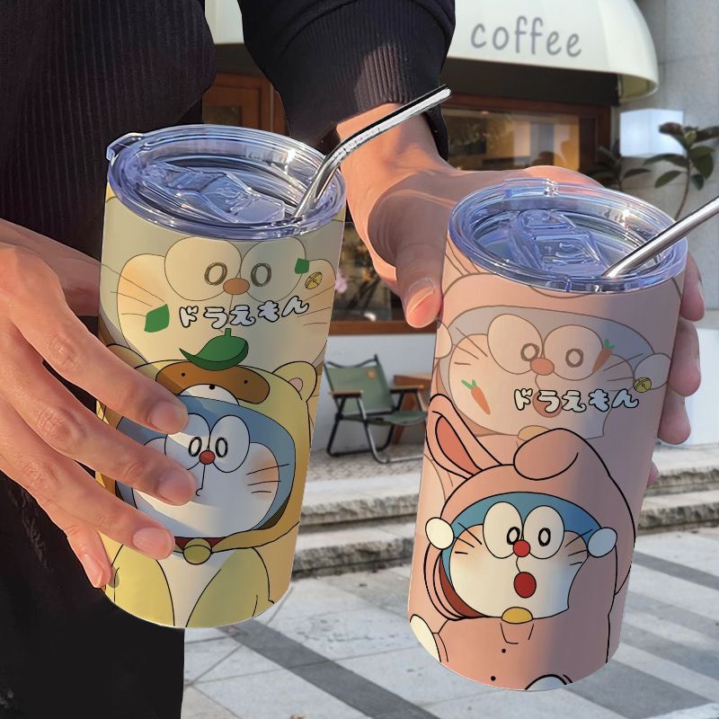 Ly giữ nhiệt Doraemon Gấu dâu Lotso inox 304 an toàn chống gỉ cao cấp, Bình giữ nhiệt inox 304 gấu dâu Doremon tặng kèm ống hút cao cấp
