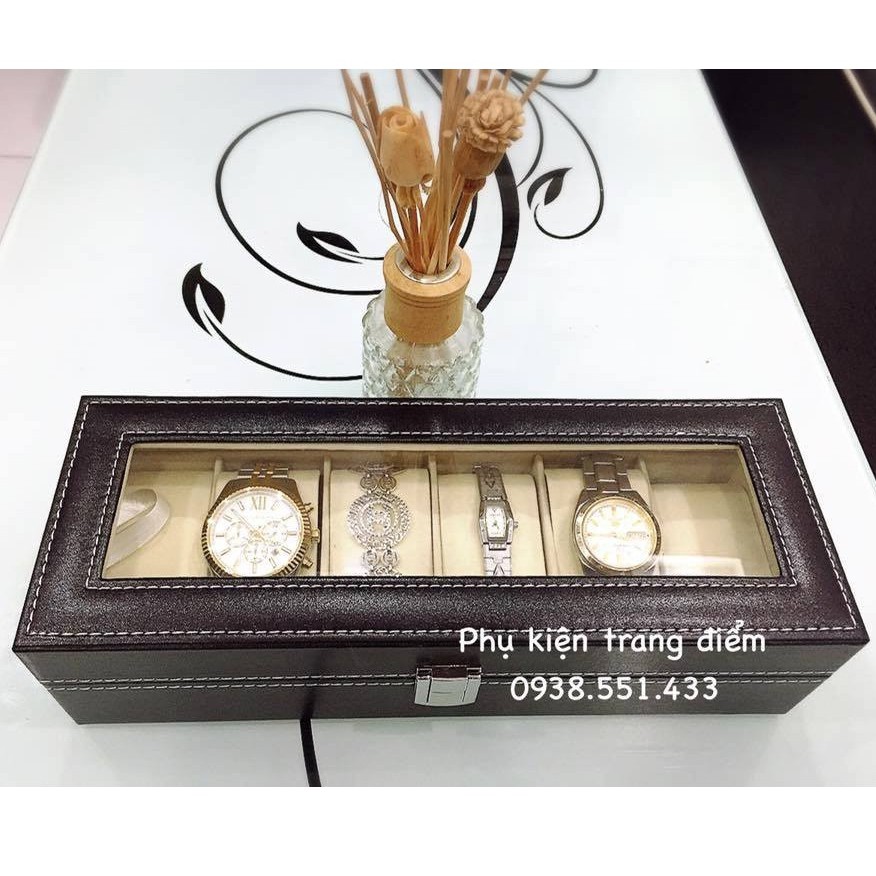 Hộp Đựng Đồng Hồ 6 Ngăn Vỏ Da Có Nắp Kính Chống Bụi Cao Cấp