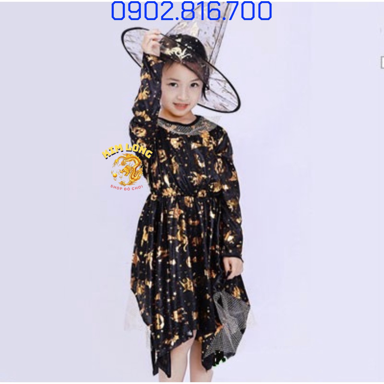 Đầm phù thủy và nón màu đen hoa văn nhũ vàng trang phục hóa trang Halloween cho bé gái