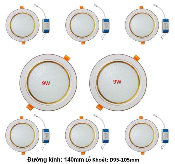 Combo 8 bộ đèn Led âm trần viền vàng 9W 3 màu 3 chế độ