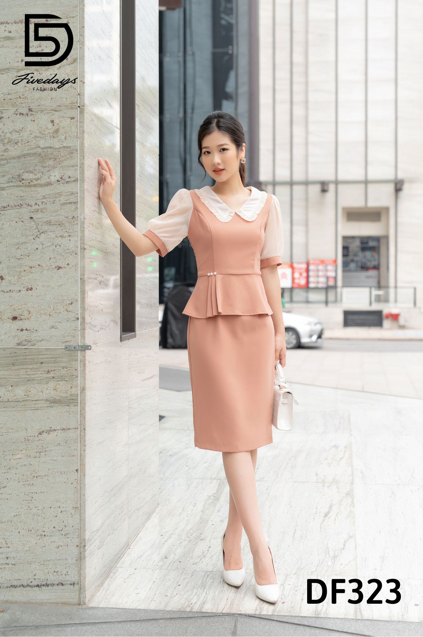 Fivedays - Đầm Peplum cổ sen bèo đính cúc ngọc eo
