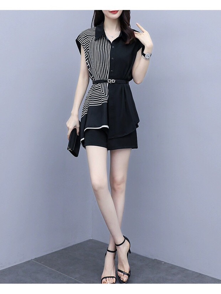 Sét short phối sọc kèm thắt lưng