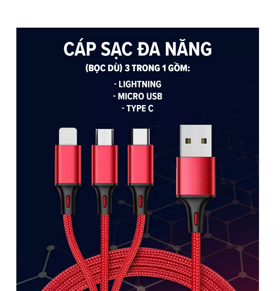 Cáp Sạc 3 Đầu Đa Năng ( Bọc Dù ) Hàng Chất Lượng 3 Trong 1 Gồm Lighning - Micro USB - Type C, Mystore247