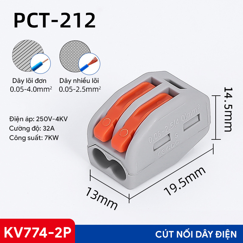 Cút nối dây điện nhanh KV774 2 cổng - Đầu nối có cần gạt thông minh, chịu tải 32A, chống cháy nổ