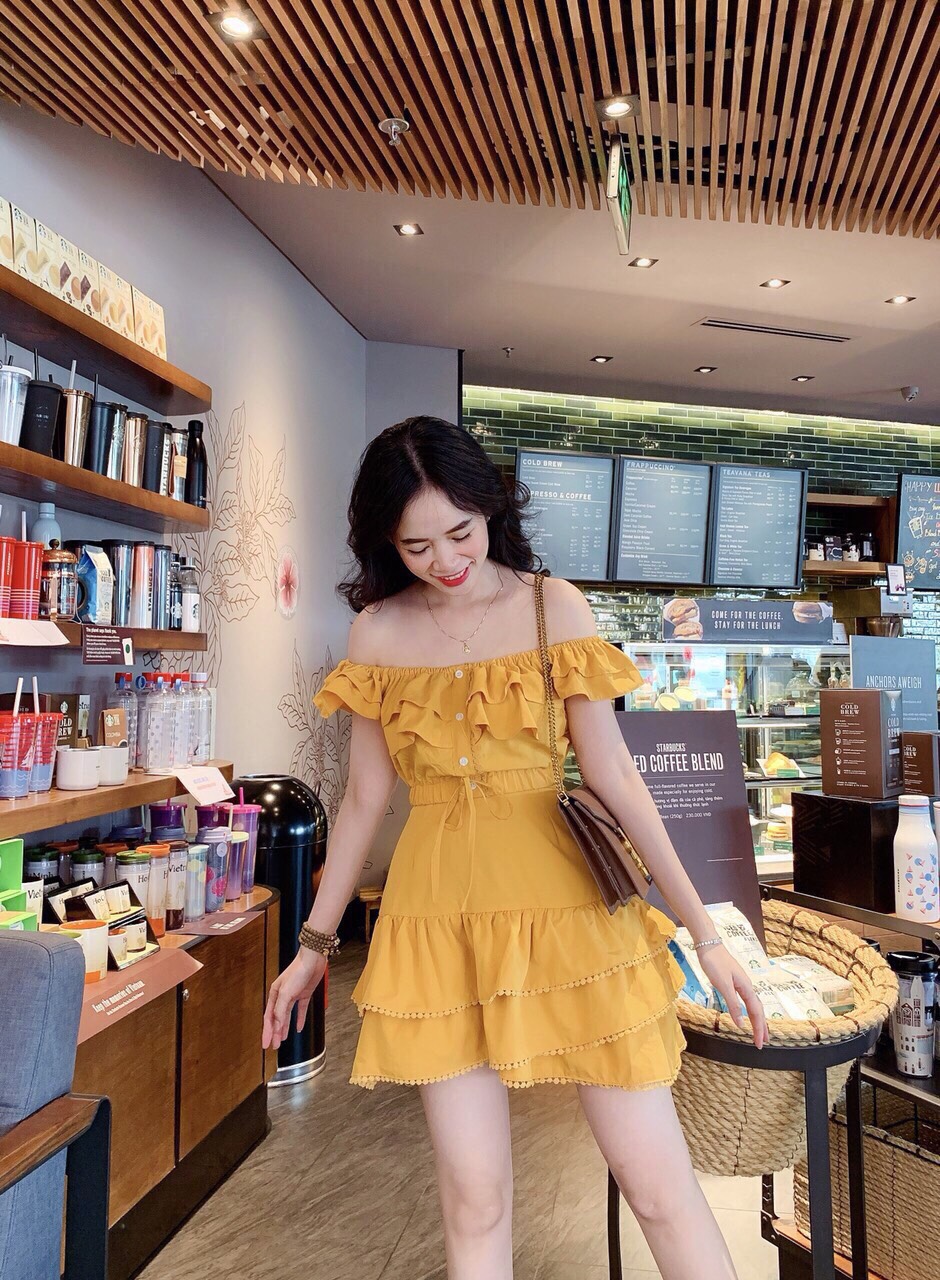 Sét Bộ Voan Áo Bèo Trễ Vai Nút Giữa Cột Nơ Eo Phối Chân Váy Đuôi Cá Nữ Tính TTSA0604