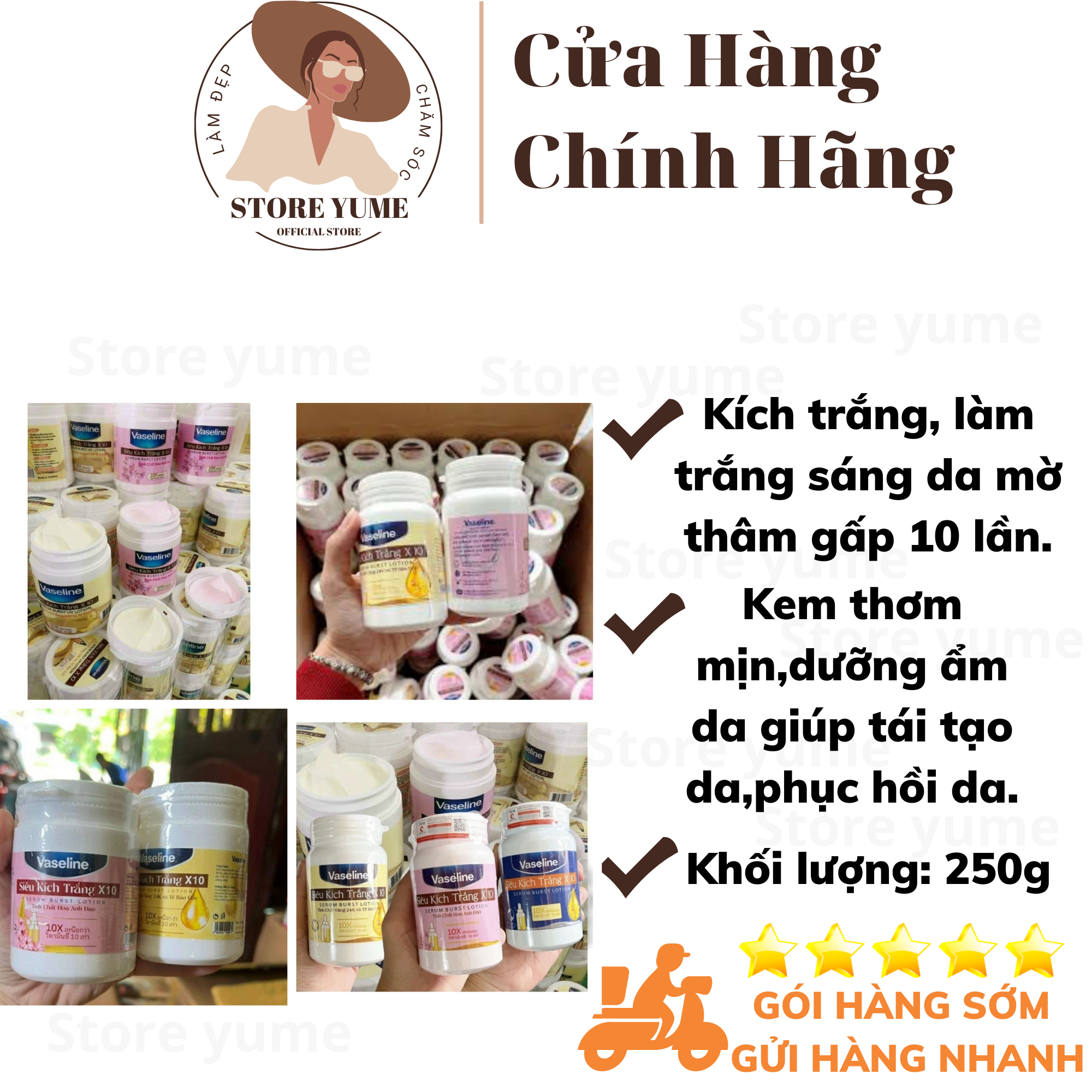 Siêu kích trắng vaseline x10 hũ 250gr