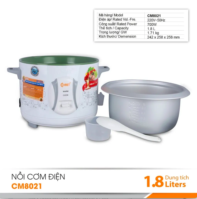 Nồi cơm điện nắp rời 1,8L COMET - CM8021