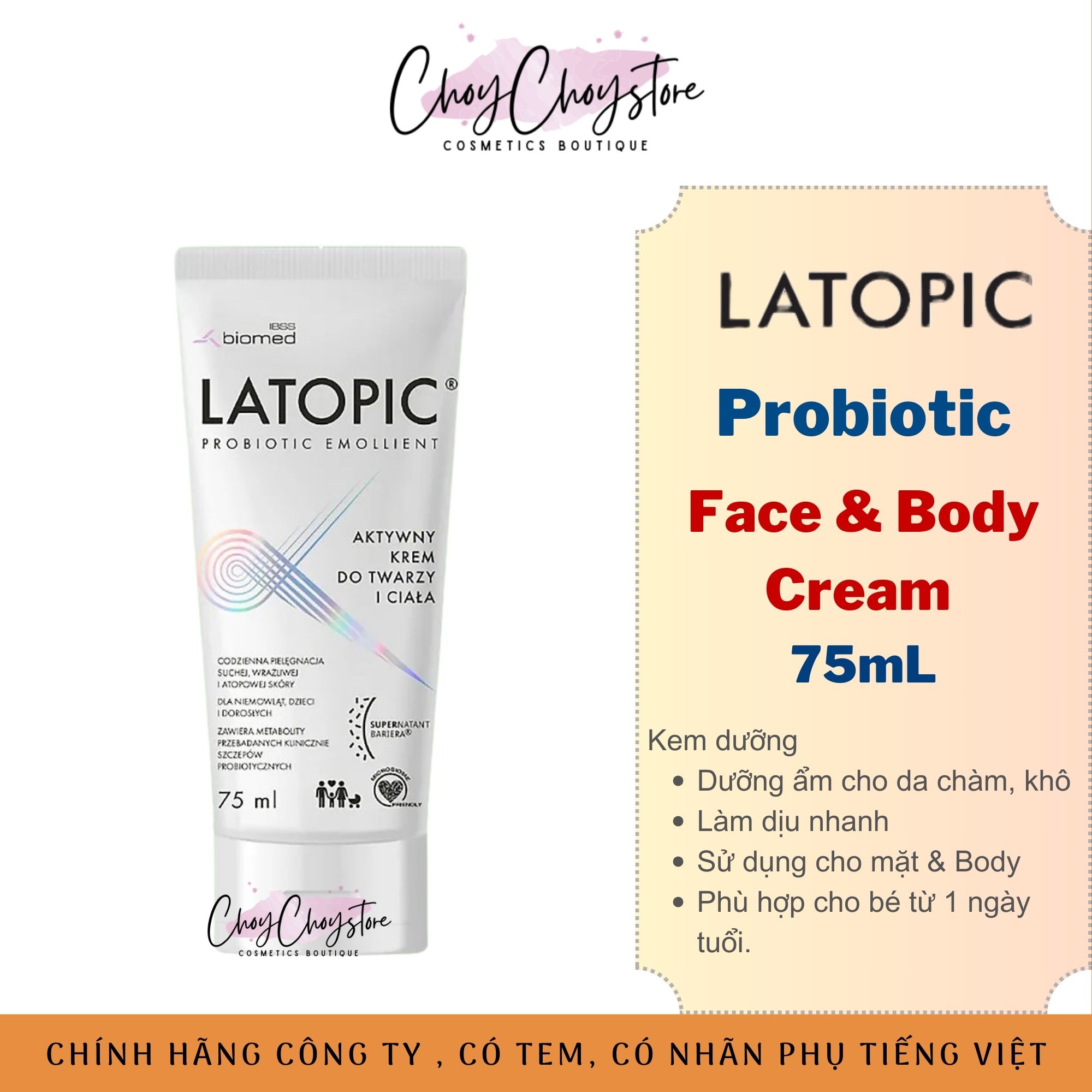(TEM CTY) Kem Dưỡng Latopic Face & Body 75mL Cho Da Chàm, Da Khô