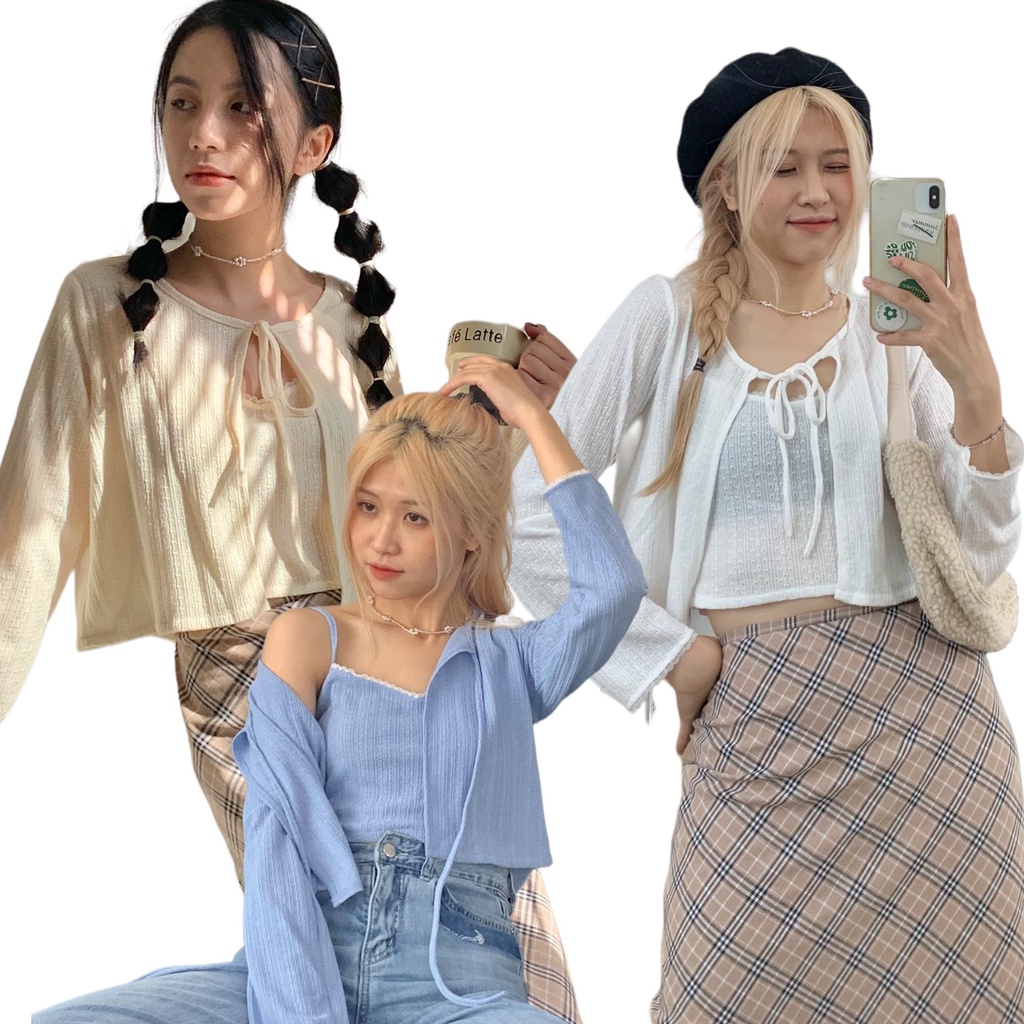 Set áo buộc nơ viền ren tka351 lollie studio
