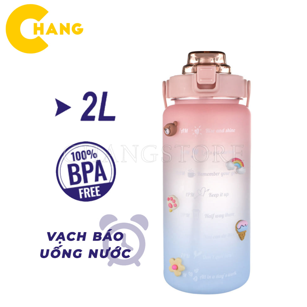 Bình Nước 2000ml Siêu To Khổng Lồ Cực Kute , Nhựa Tritan Cao Cấp Phối Màu 3D Siêu Chất