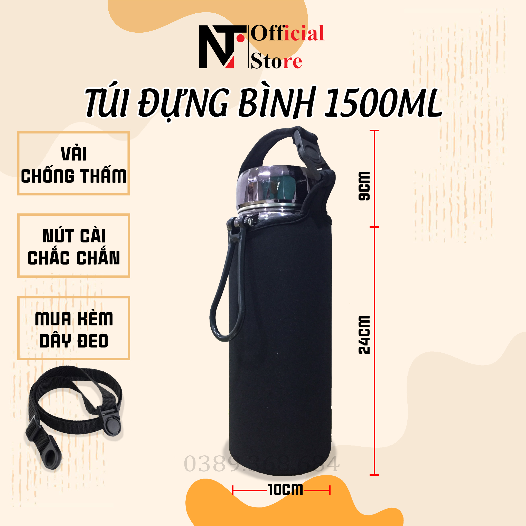 Túi đựng bình nước, túi đựng bình giữ nhiệt 1500ml, 1200m, 1000ml vải chống thấm, chống va đập