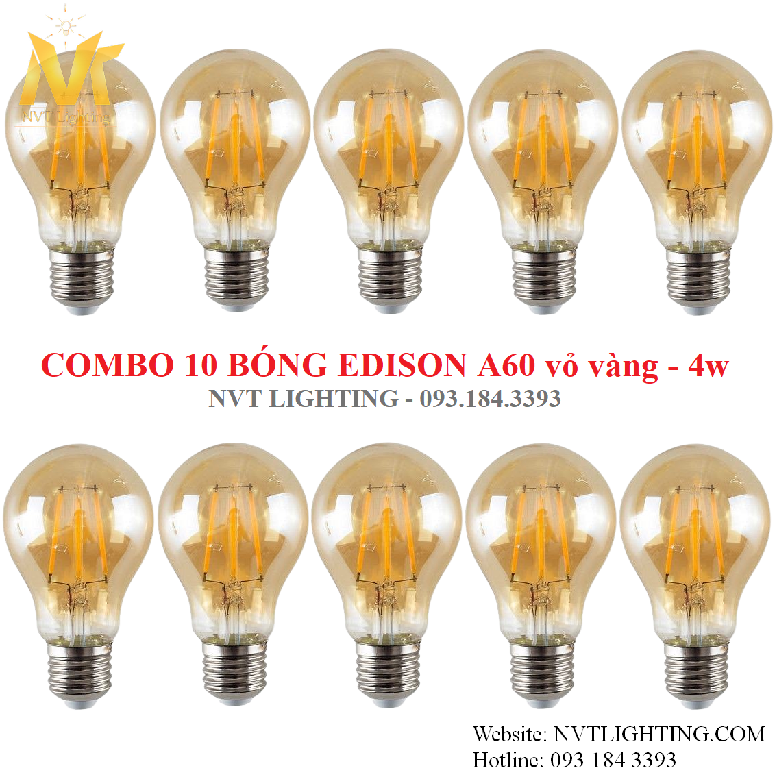 Combo 10 bóng đèn edison a60 dimmer vỏ vàng nắng