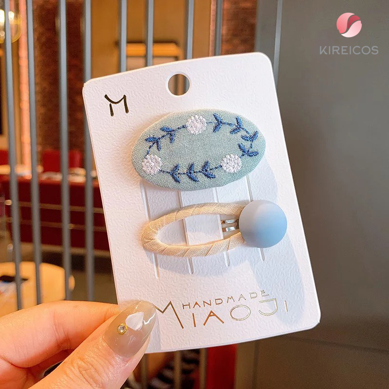 [HCM]Set 2 Kẹp Tóc Thêu Hoa Và Kẹp Bấm Tóc Màu Macaroon - kireicos