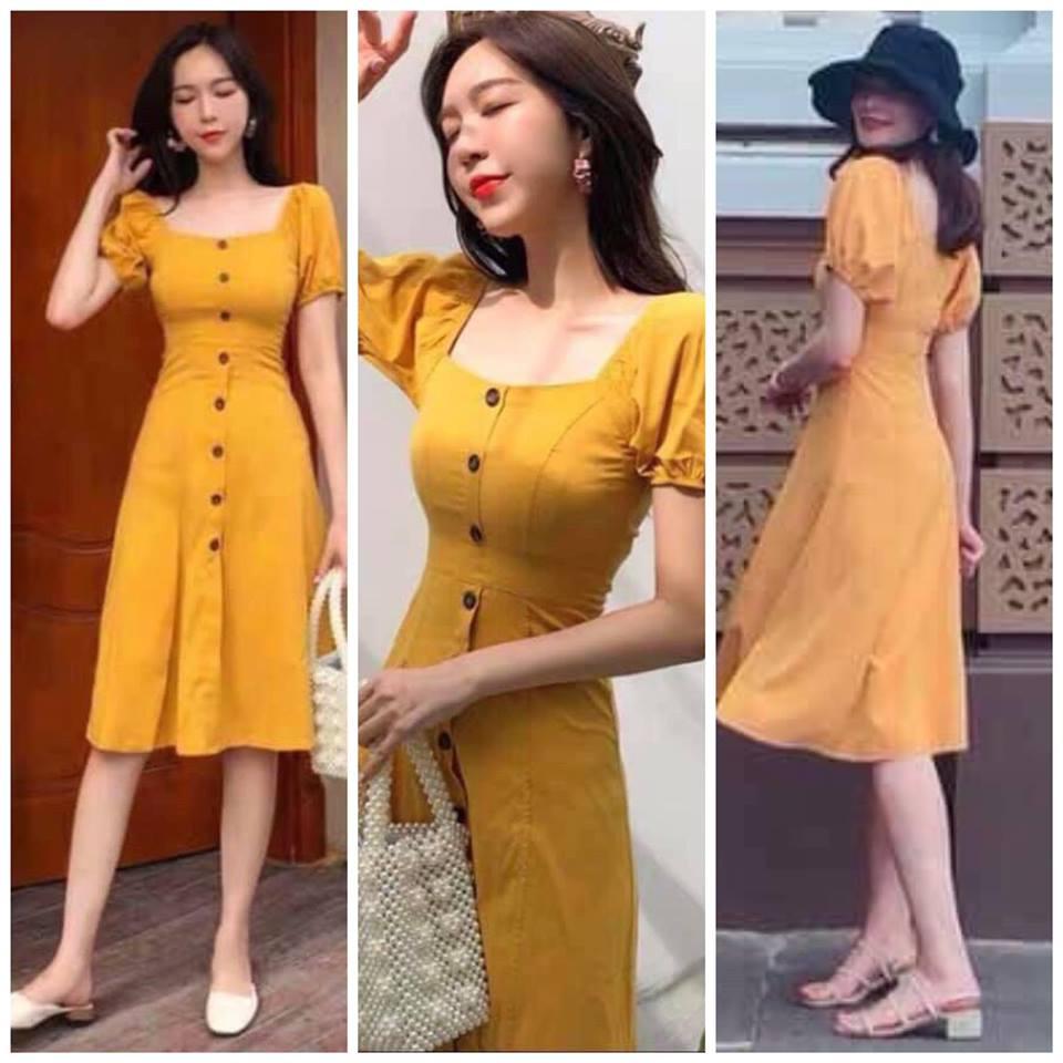 [HCM]ĐẦM VÀNG CỔ VUÔNG NÚT ĐEN