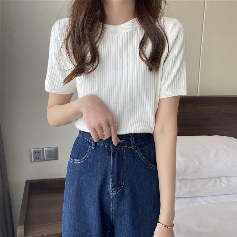 Áo len đũa cộc tay cổ tròn