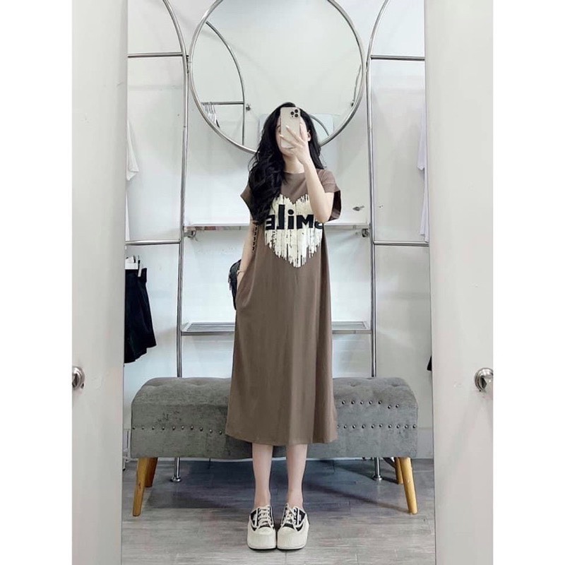 Váy suông nữ in hình trái tim SMILE dáng dài basic chất cotton hàng đẹp PANOSI - V344
