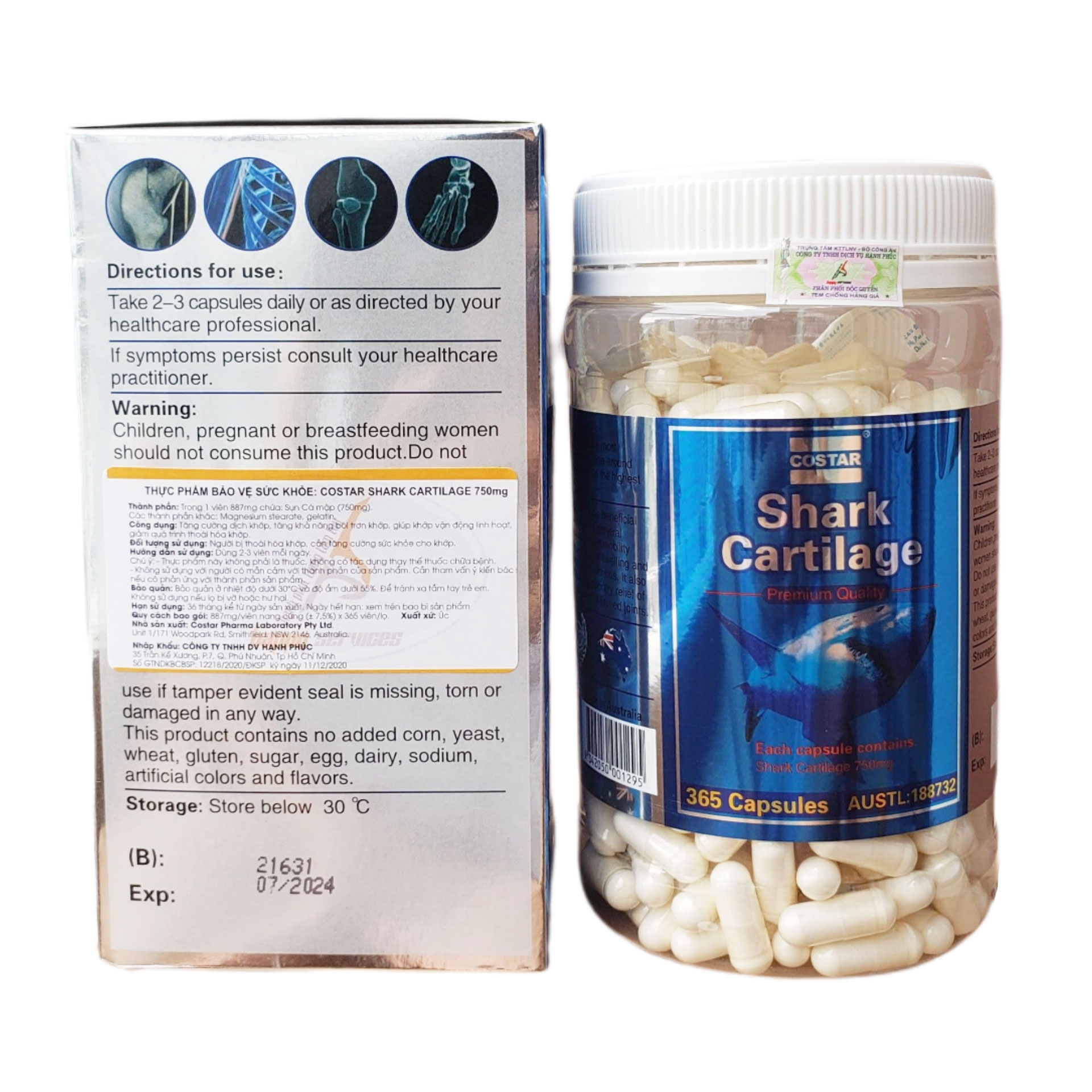 Sụn Vi Cá Mập Costar Shark Cartilage 750mg (Hộp 100 - 365 viên)