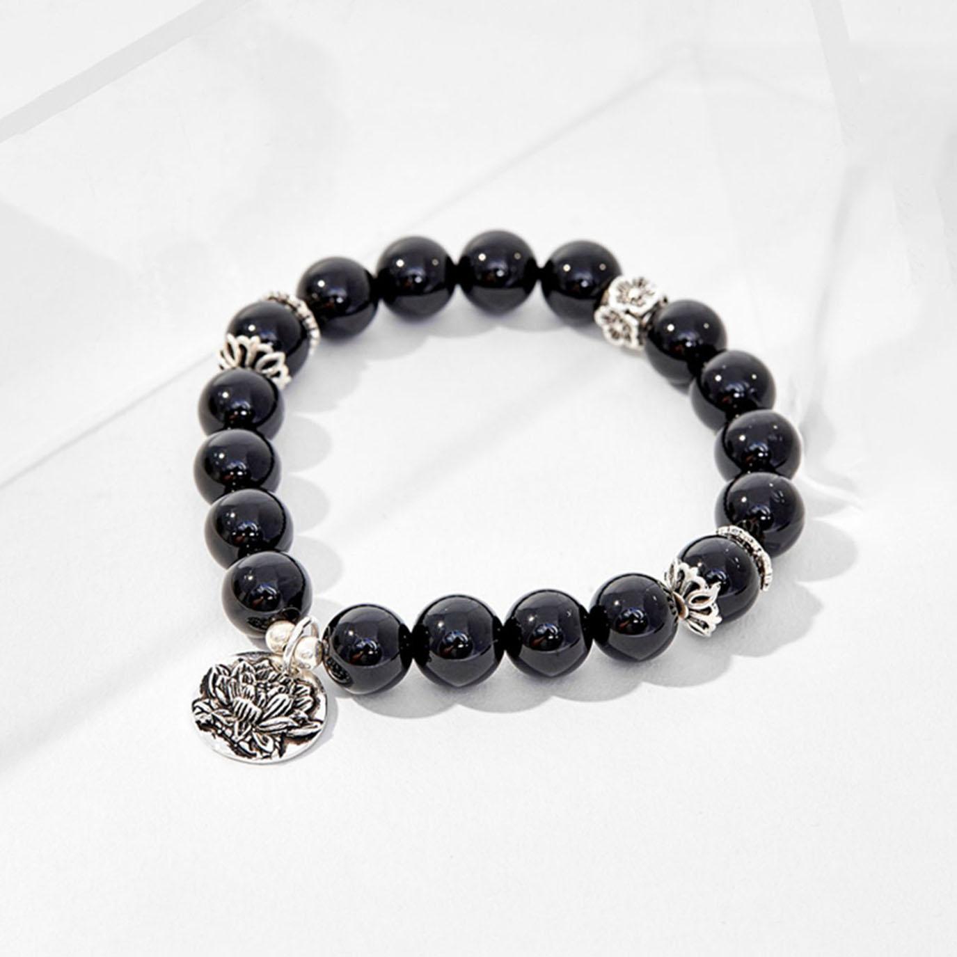 Vòng tay đá thạch anh đen charm hoa sen bạc mệnh thuỷ mộc - ngọc quý gemstones