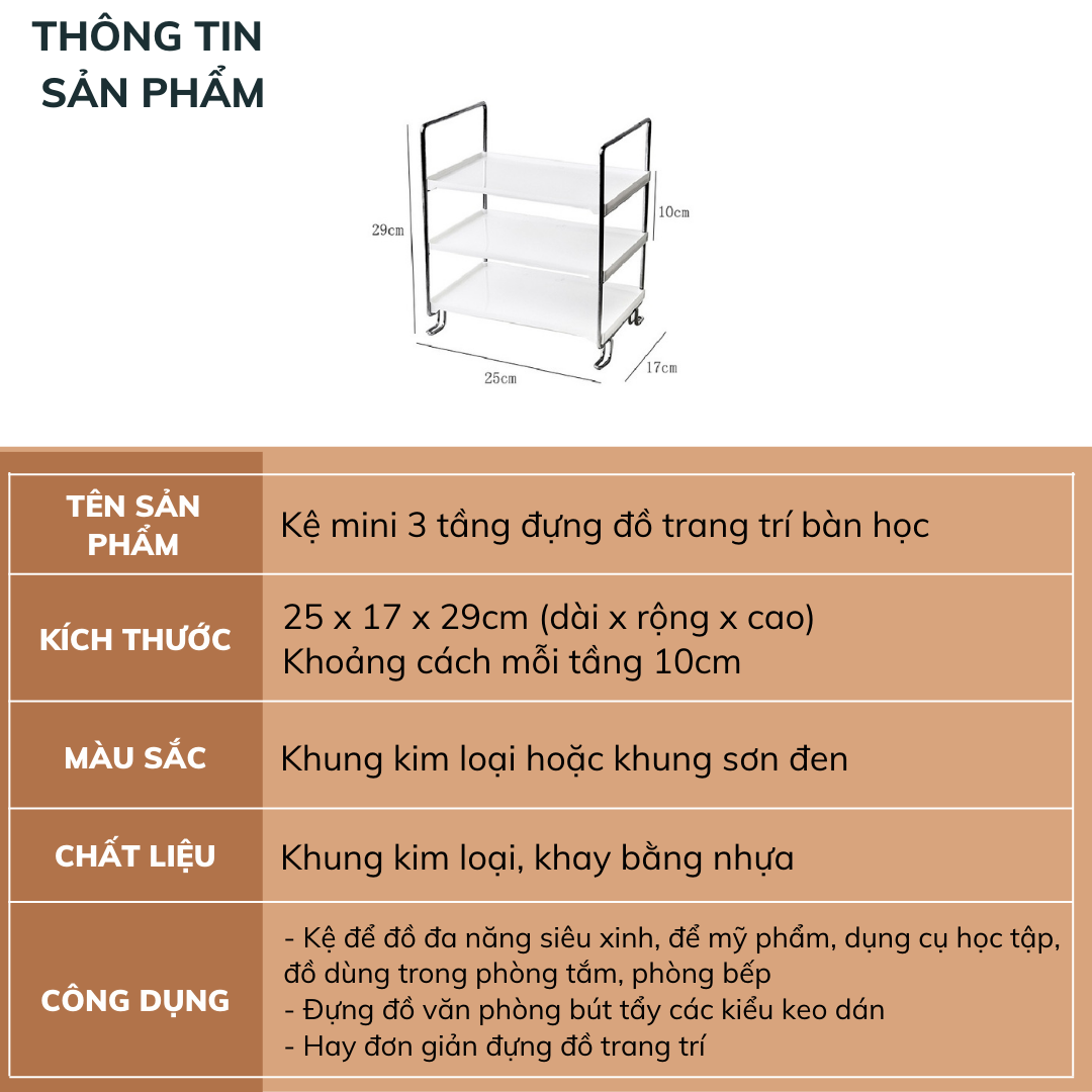 Kệ mini 3 tầng khung sắt đựng đồ trang trí bàn học