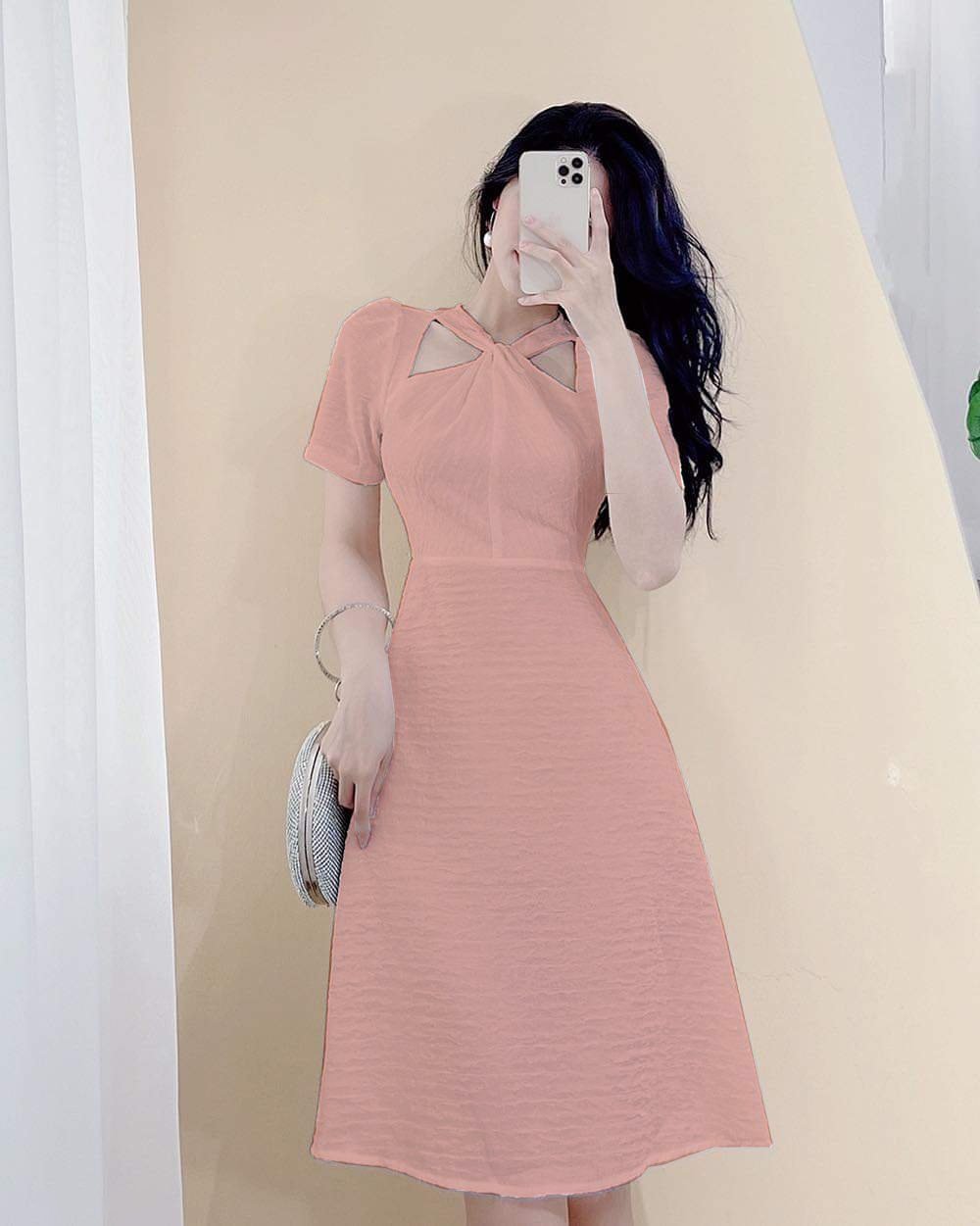 Đầm xoắn cổ dáng xòe dài siêu xinh