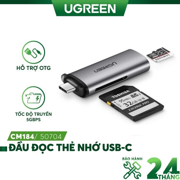 Đầu đọc thẻ nhớ usb type c cho thẻ sd/tf ugreen 50704 cao cấp - bảo hành 18 tháng
