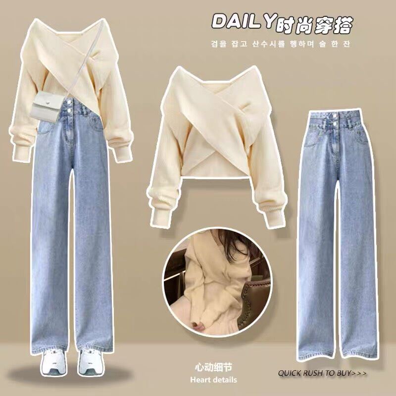 Set baggy jeans ống suông 2nút + áo đắp chéo