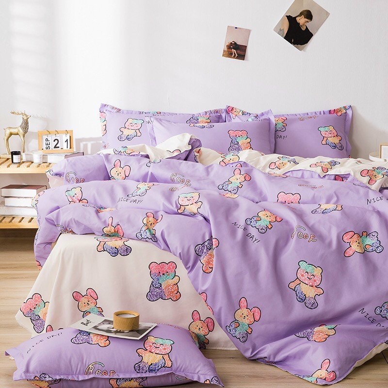 Bộ Chăn Ga Gối Poly Cotton Gấu Tím