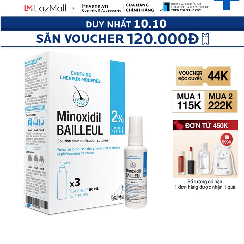 Xịt mọc tóc Minoxidil Bailleul 2% - Xịt ngăn rụng tóc, kích thích mọc tóc  [Hộp 3 lọ 60ml]