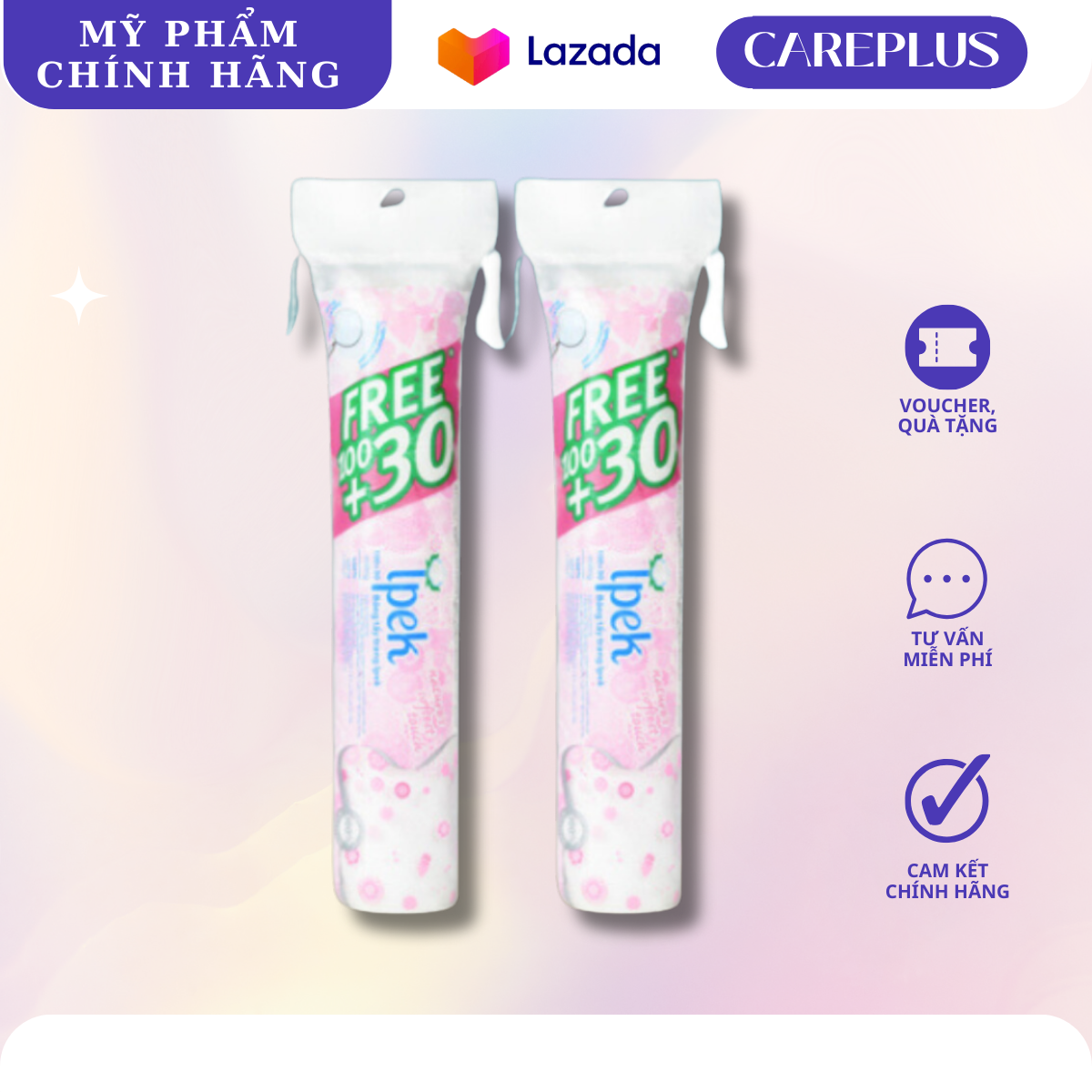 Combo 2 bông tẩy trang Ipek siêu mềm mịn 100% cotton 130 miếng