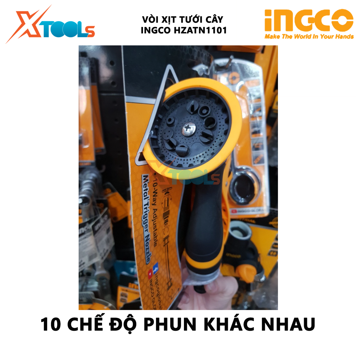 Vòi xịt tưới cây INGCO HZATN1101 | vòi xịt đa năng Đầu chuyển đổi 3/4", 10 chế độ phun, Kích thước 14x7x18,3cm, tay cầm mềm mại tưới vườn, rửa xe, tưới cây [XTOOLs][XSAFE]