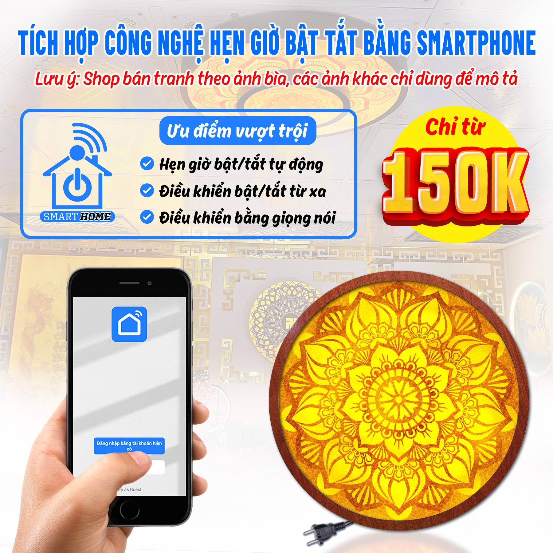 Đèn thờ hào quang phật tranh trúc chỉ tròn chân thiện mỹ, trang trí bàn thờ, hào quang trúc chỉ mandala tc-hq-14