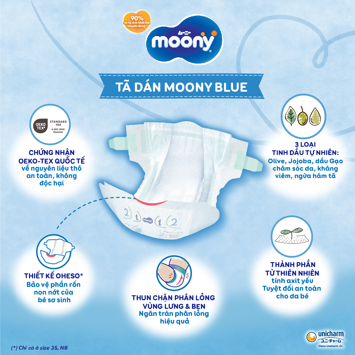 Combo 3 Tã/Bỉm dán cao cấp Moony Blue L54