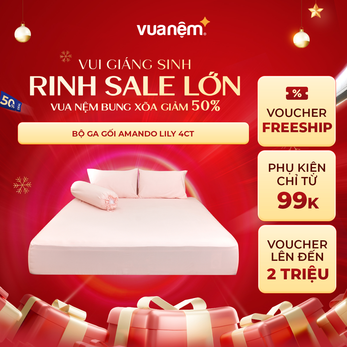 Bộ ga gối Amando Lily cao cấp 4 chi tiết mềm mịn thoáng mát