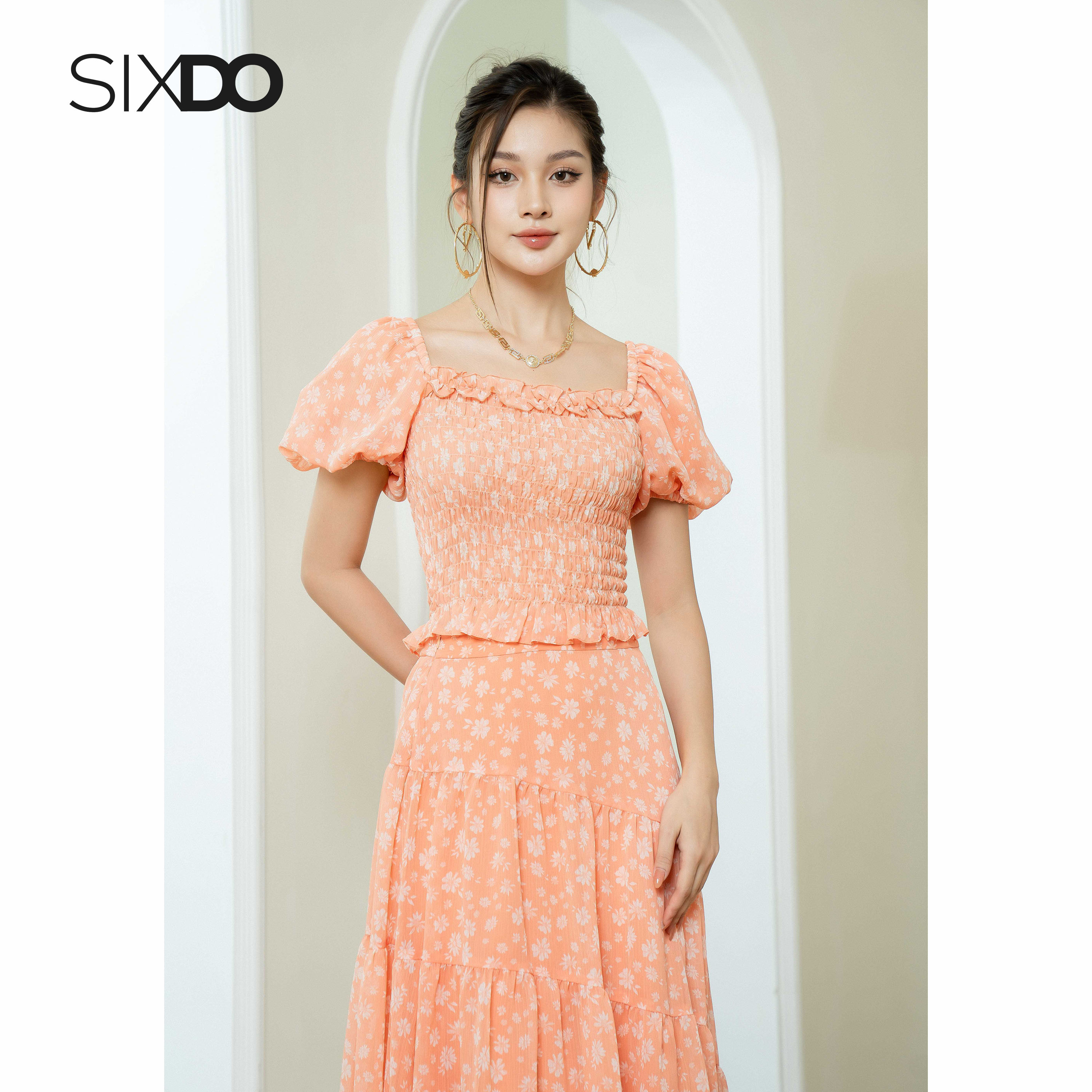 Chân váy voan hoa cam SIXDO (Light Orange Floral Midi Voile Skirt)