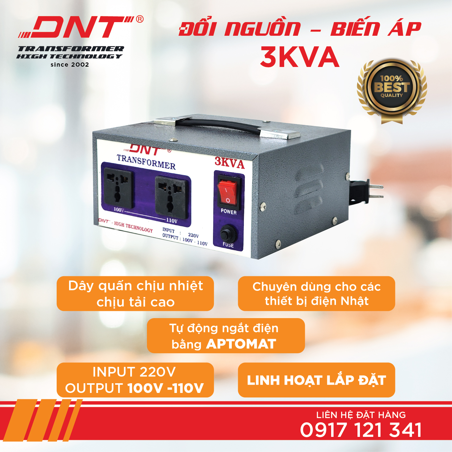 Biến áp DNT 3KVA -220v ra 100v 110V