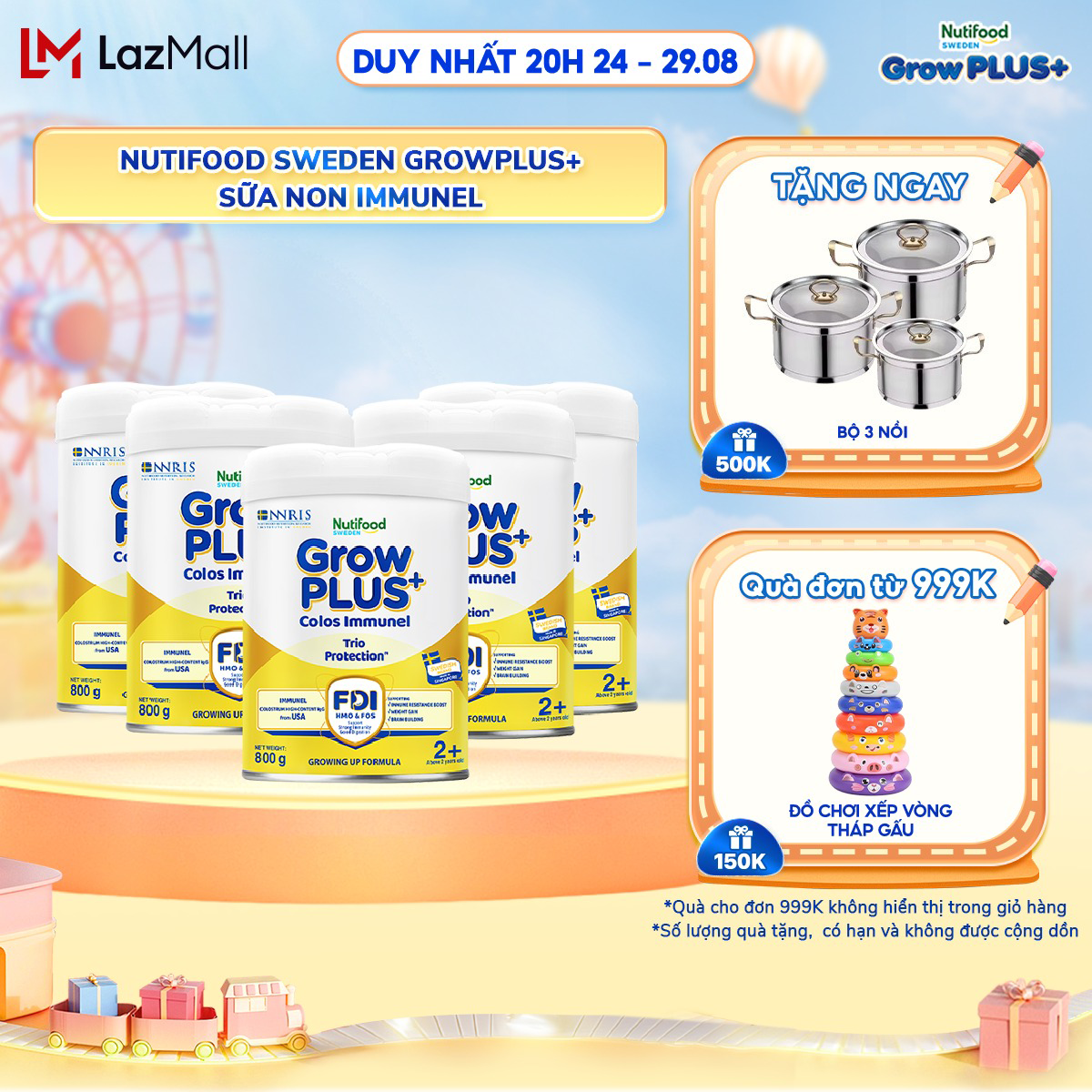 Combo 5 sữa bột nutifood sweden growplus+ sữa non immunel trên 2 tuổi lon 800 g