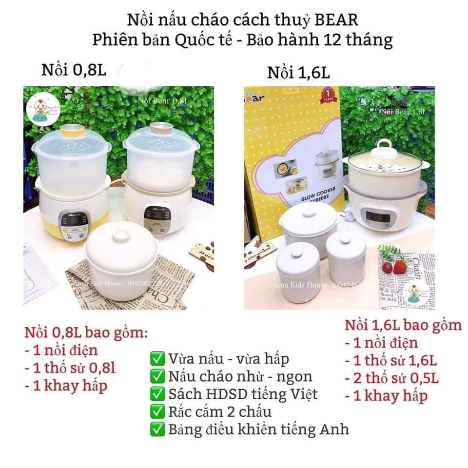 NỒI NẤU CHÁO CHẬM BEAR 1,6 LÍT
