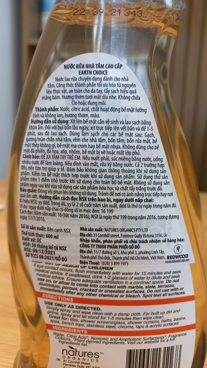Nước rửa nhà tắm cao cấp Earth Choice 600ml