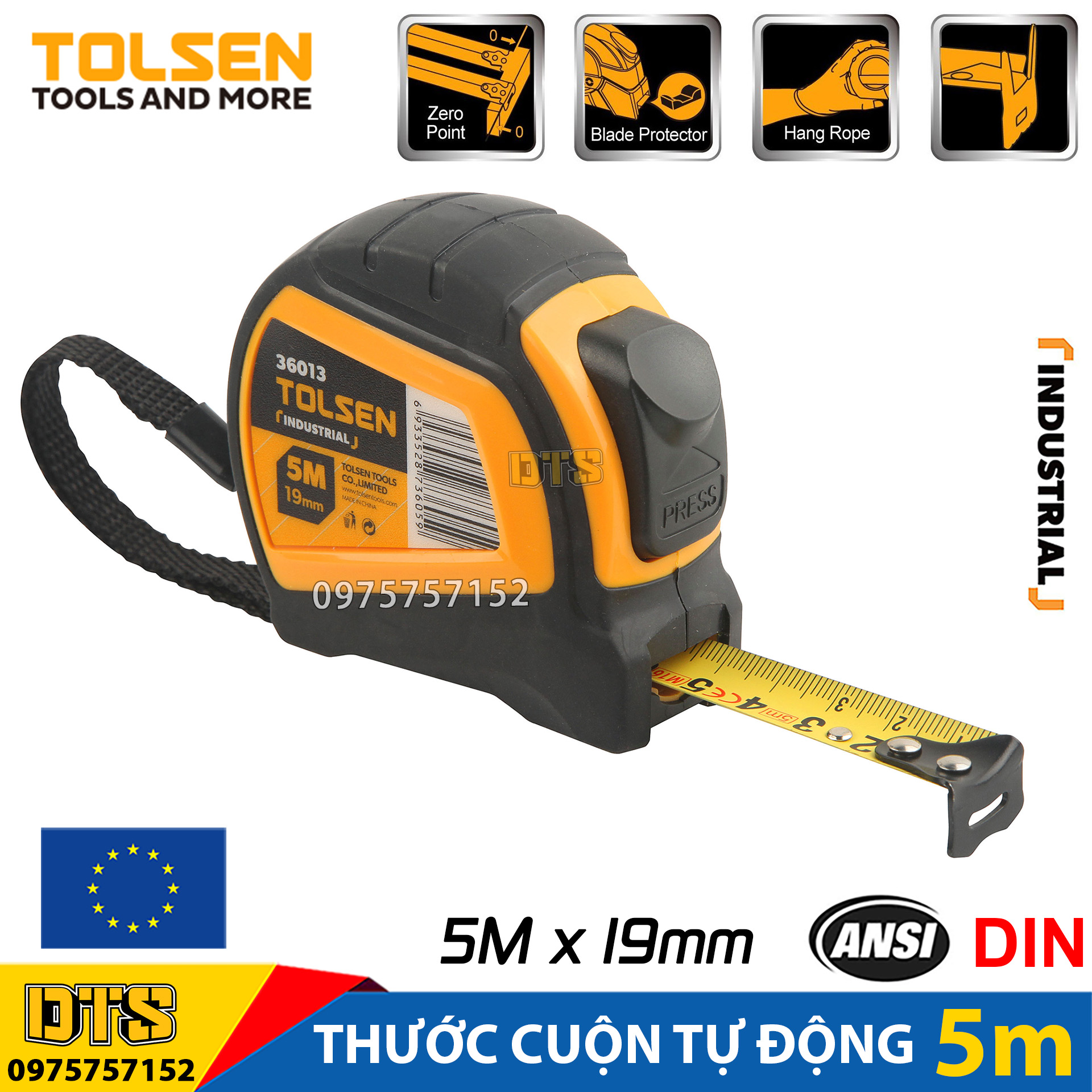 Thước cuộn tự động 5m TOLSEN, thước kéo thép nền vàng công nghiệp vỏ nhựa ABS chống va đập phủ TPR cầm thoải mái, thước đo có độ chính xác cao MID lớp 2 - Tiêu chuẩn xuất khẩu châu Âu, thước rút, thước cuộn thép thước dây