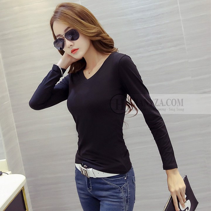 ÁO THUN CỔ TIM TAY DÀI - ÁO THUN THÁI CO GIÃN 4 CHIỀU