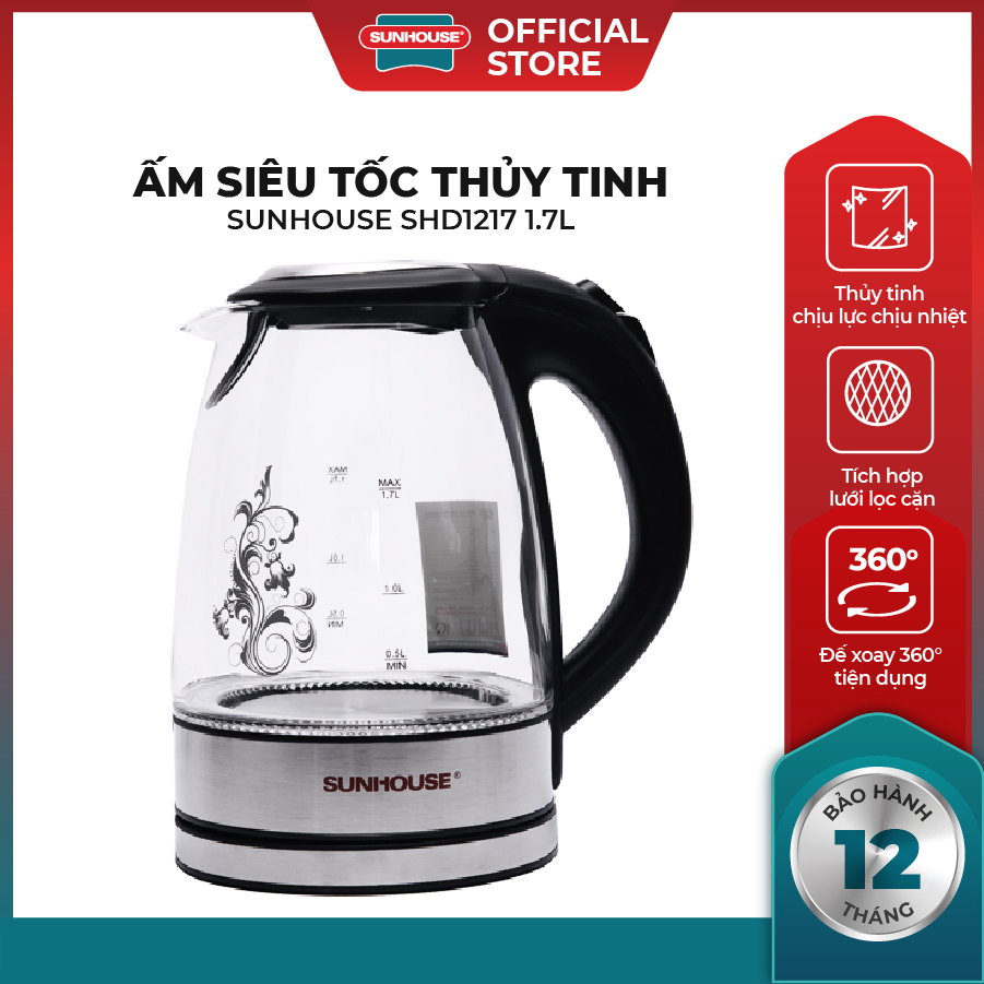 Ấm siêu tốc thủy tinh Sunhouse SHD1217 1.7L (Trong suốt)