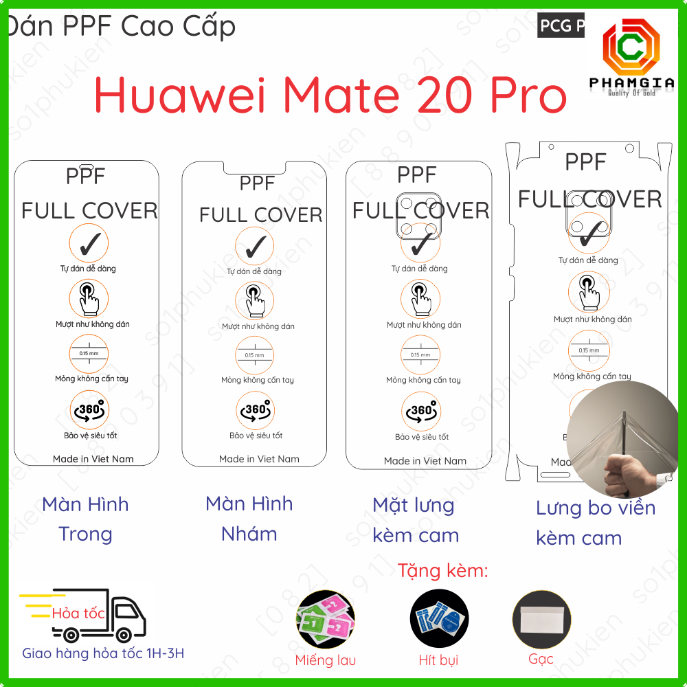 Dán PPF Huawei Mate 20 Pro cho màn hình, mặt lưng, lưng bo viền loại trong, nhám chuẩn xịn