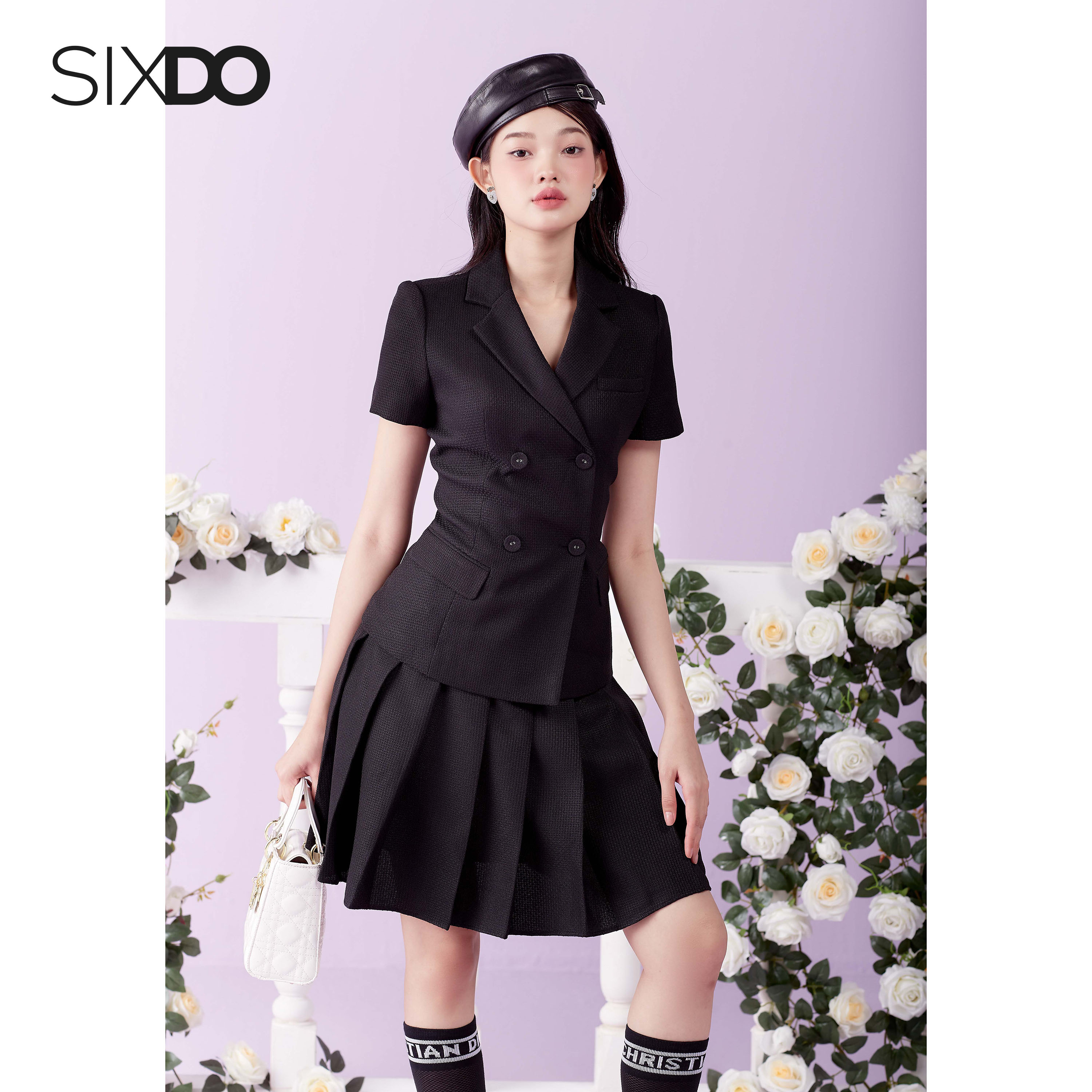 Áo Vest nữ đen ngắn tay SIXDO (Black Peak Lapel Collar Woven Vest)