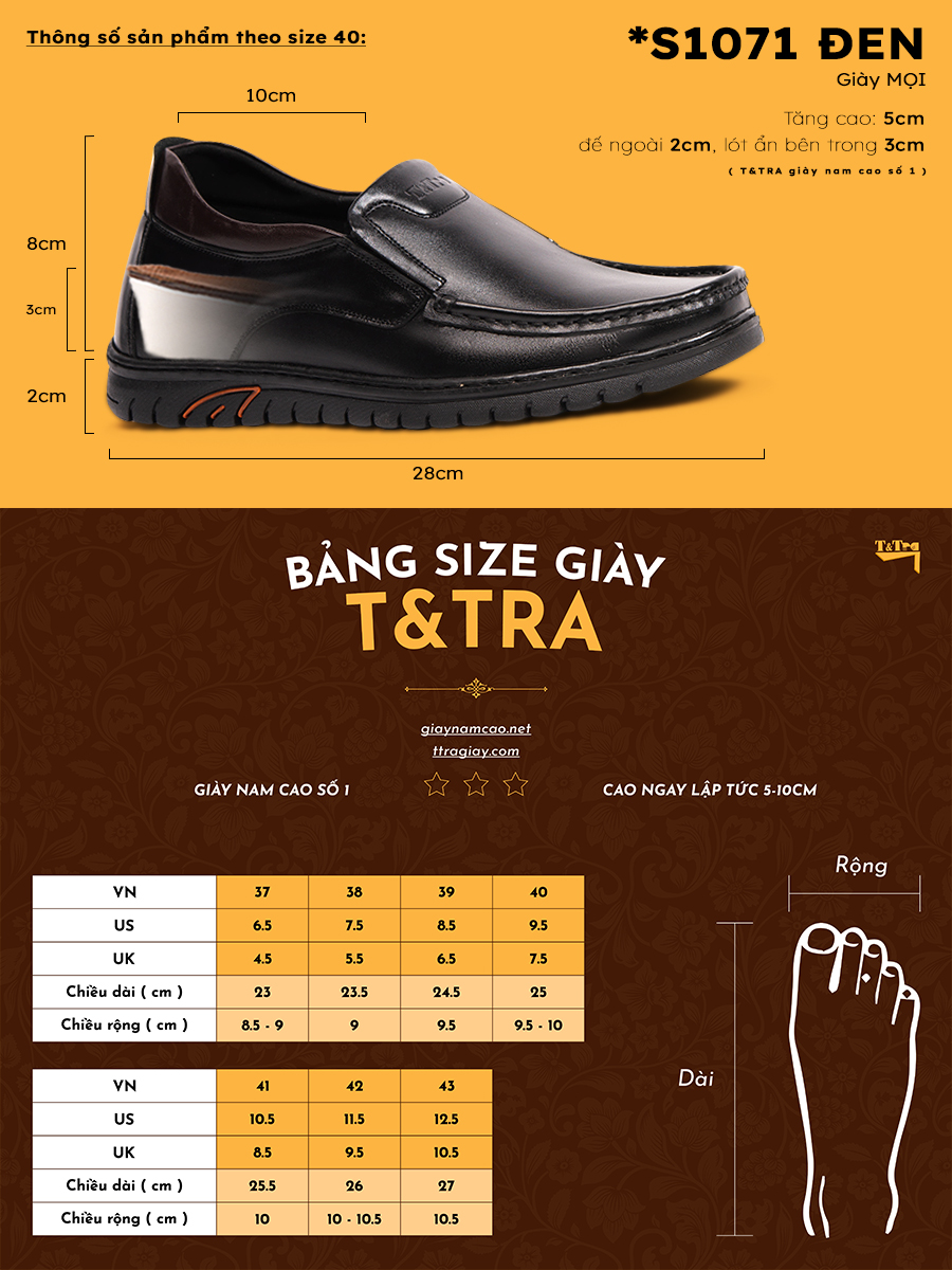[ 5CM ] Giày Tăng Chiều Cao Nam T&TRA S1071 Đen