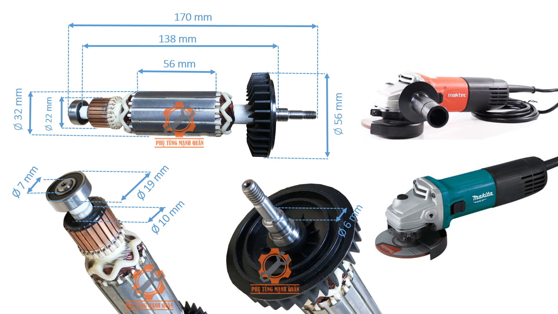 Rotor/ruột máy maktec mt967 mt969 mt971 hoặc 9509 tặng kèm chổi than cao cấp