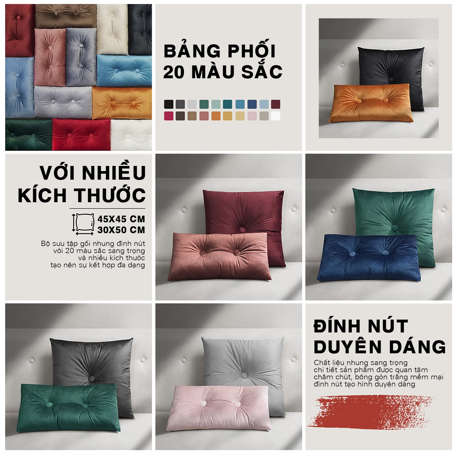 Gối Sofa Trang Trí VELVET PHAM, Vải Nhung, (45x45cm) và (30x50cm)