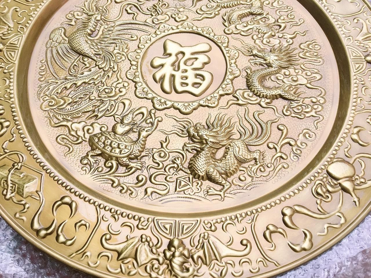 mâm tranh tứ linh 52cm chất liệu đồng